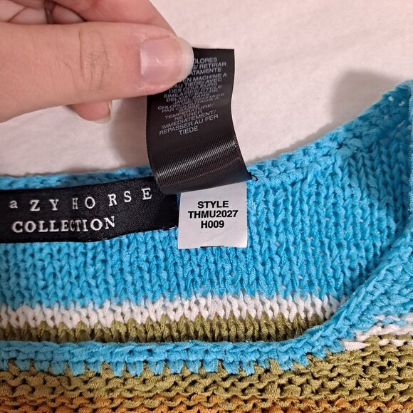 Crazy Horse Shirt Women XL Striped Colorful Artsy Open Knit Rainbow Stretchy - Picture 5 of 8